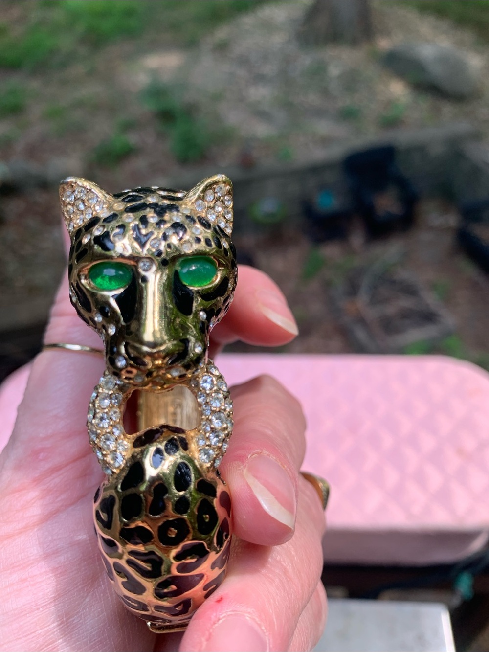 Ciner Leopard Hinged Bracelet with Swarovski Crystals and Green Cabochon Eyes - Picture 8 of 16